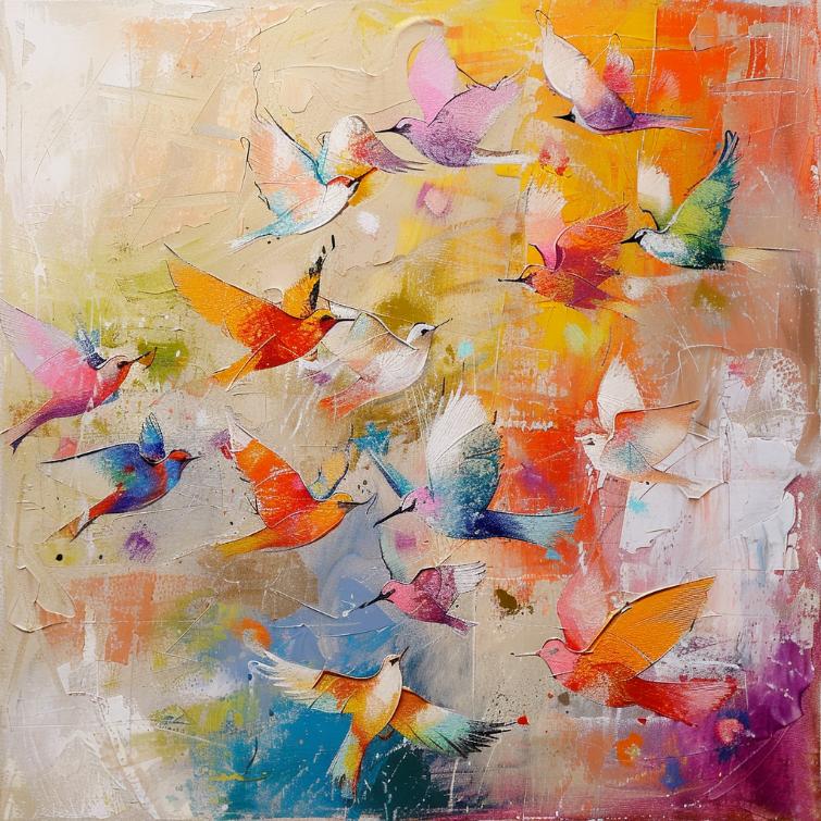 AQ-S0152 75x75 cm vierkant schilderij kleurrijke zwaluw vogels palet stijl